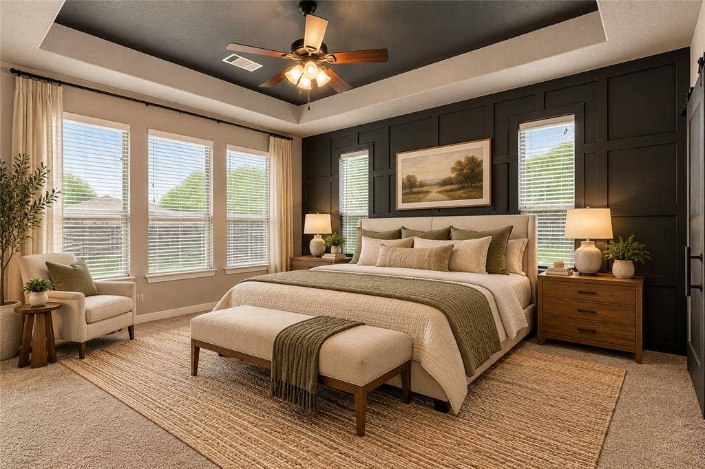 104 Aztec Court, Waxahachie, TX 75165 Primary bedroom with accent wall is large enough for a sitting area. Virtually staged.