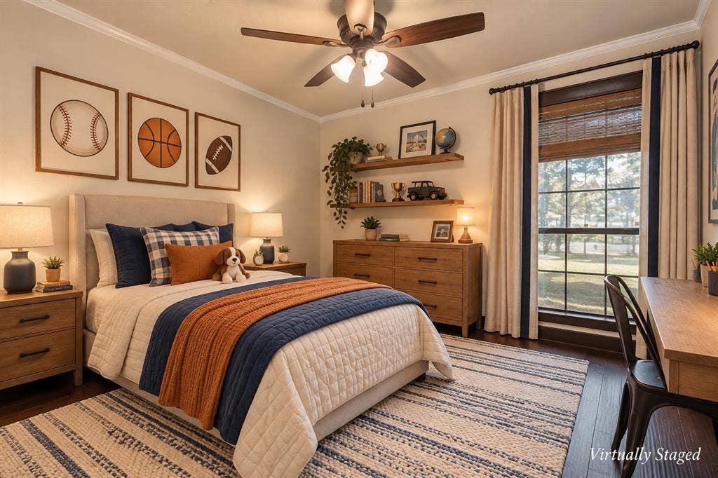 1158 County Road 141, Kaufman, TX 75142 Room featuring wood-finish flooring, a multi-pane window with wood-frame blinds, crown molding, a central ceiling fan with integrated lighting, and dual wall-mounted floating shelves