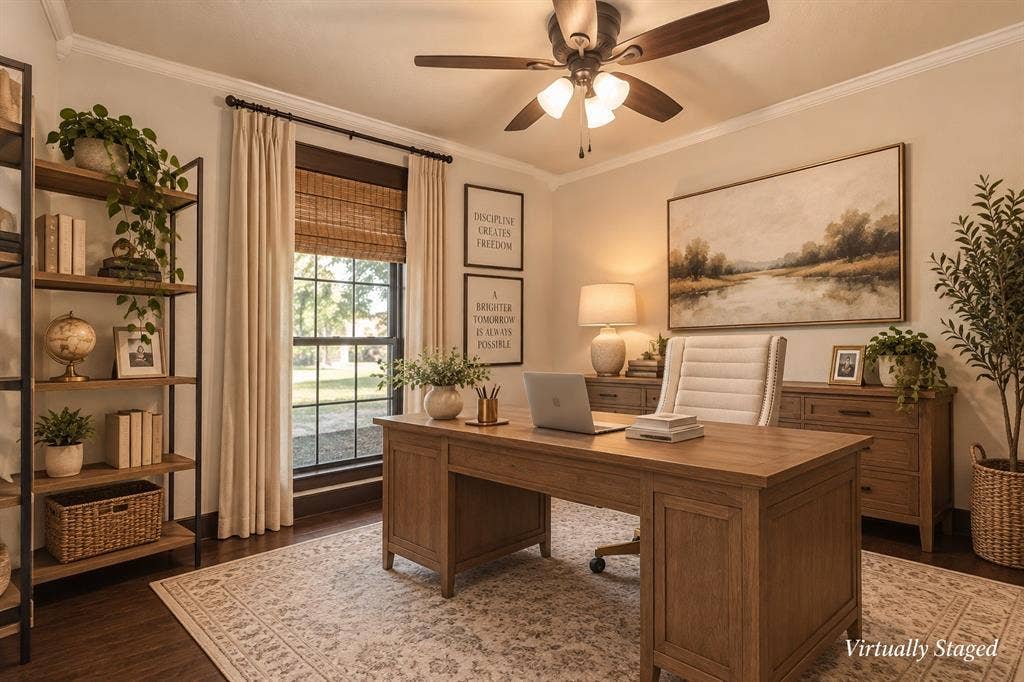 1158 County Road 141, Kaufman, TX 75142 Multi-pane window with dark trim, wood-finish flooring, and a ceiling-mounted light fixture with a fan