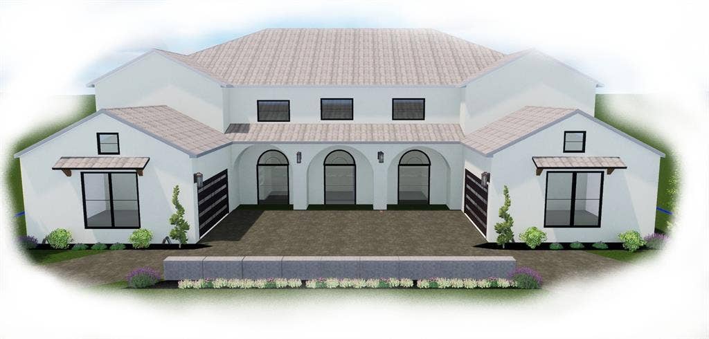 Stucco exterior featuring an arched portico, dual garages with horizontal paneled doors, and a multi-gabled roofline