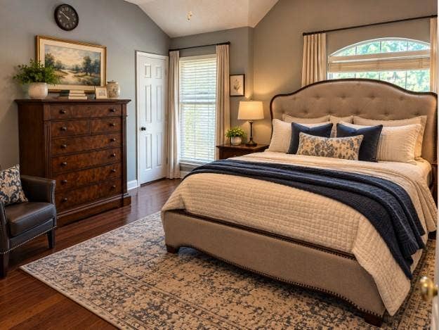 Bedroom # 4 - Vaulted ceilings, hardwood flooring, and an arched window featuring integrated blinds. Large walk in closet.