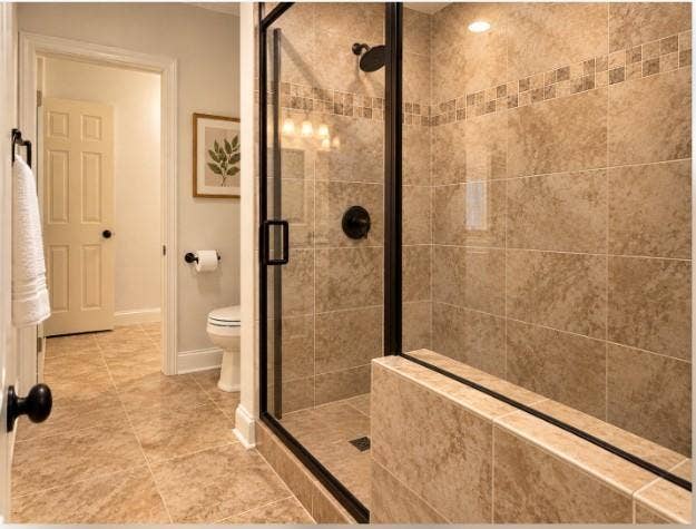 Bathroom #2 - Walk-in shower featuring tile surrounds, decorative mosaic tile accents, a glass enclosure with matte black framing, and matte black plumbing fixtures, complemented by matching tile flooring.