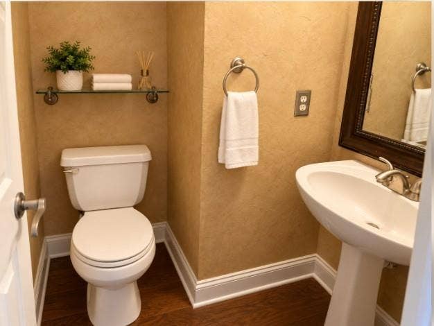 Down Stairs Guest Bath - Pedestal sink with polished metal faucet, textured wall finish, and hardwood flooring.