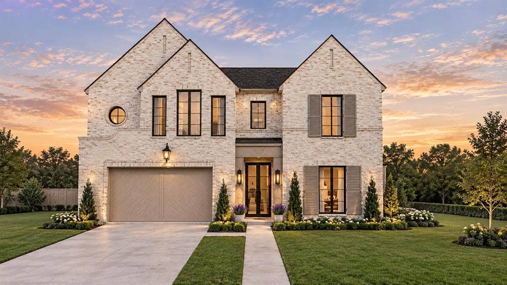 Two-story brick exterior featuring a multi-gabled roofline, symmetrical window placement, accent shutters, and a concrete driveway