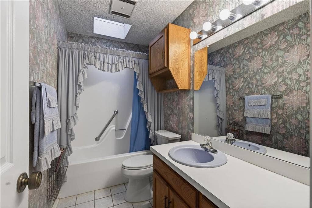 10118 Lakeview Street, Payne Springs, TX 75156 Bathroom featuring a skylight, wood cabinetry, a vanity with an integrated basin, and a combination tub and shower enclosure with a stainless steel grab bar