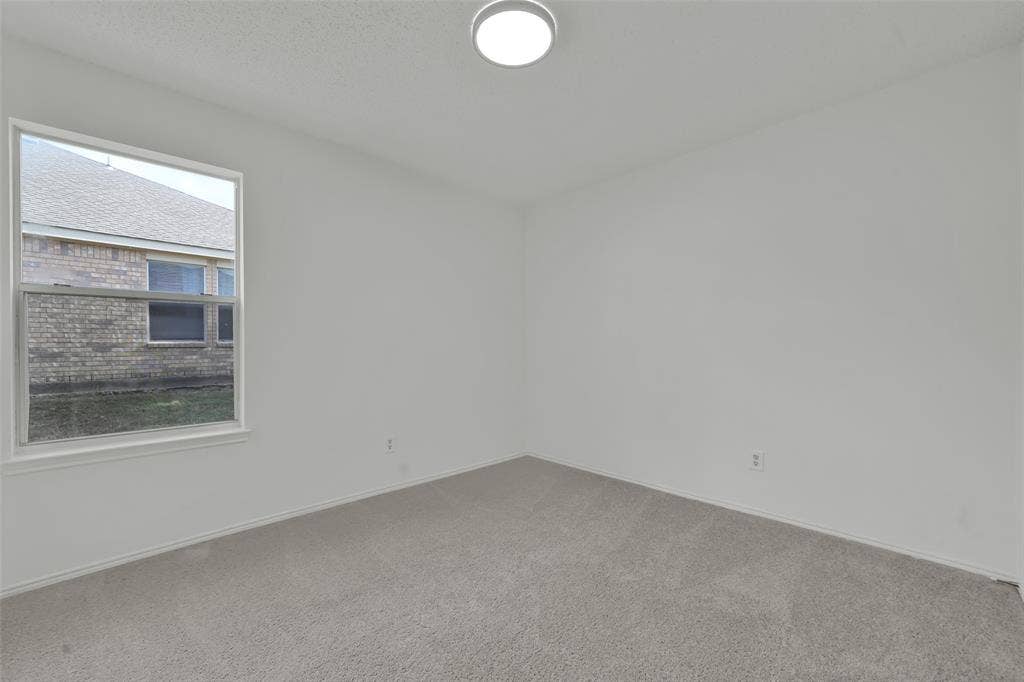 Interior room featuring neutral wall paint, wall-to-wall carpeting, a single-pane window, and a ceiling-mounted flush mount light fixture
