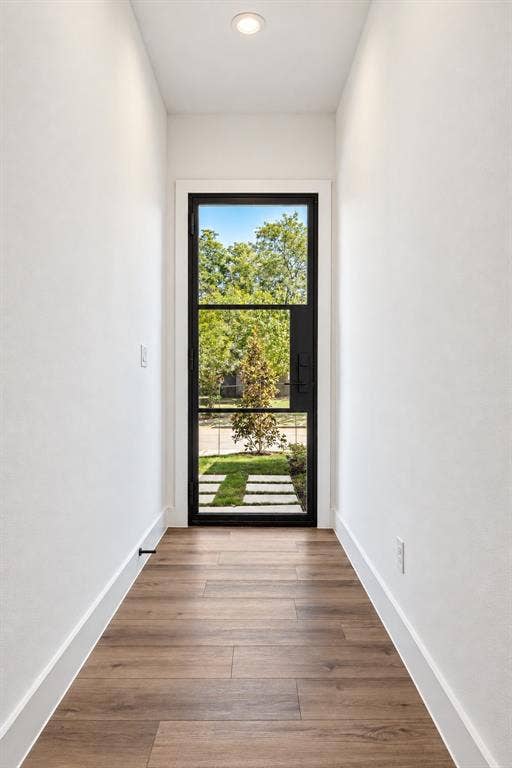 Black-framed glass entry door with wood-finish flooring and recessed ceiling lighting