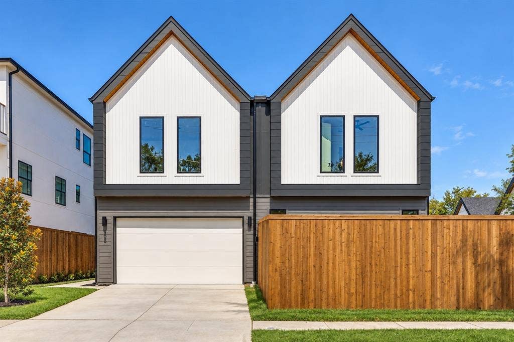 Contemporary facade featuring vertical white siding and dark gray horizontal siding