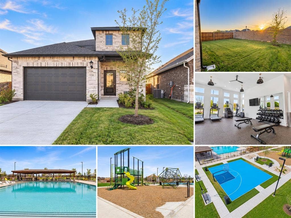 Collage of Property and Amenities. Presenting the exterior of the property, backyard, fitness area, pool, playground, and sports court