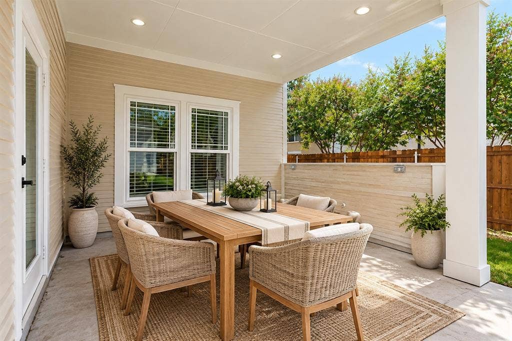 4631 Junius Street, Dallas, TX 75246 virtually staged. Covered rear patio — ideal for entertaining or quiet evenings in your private outdoor retreat
