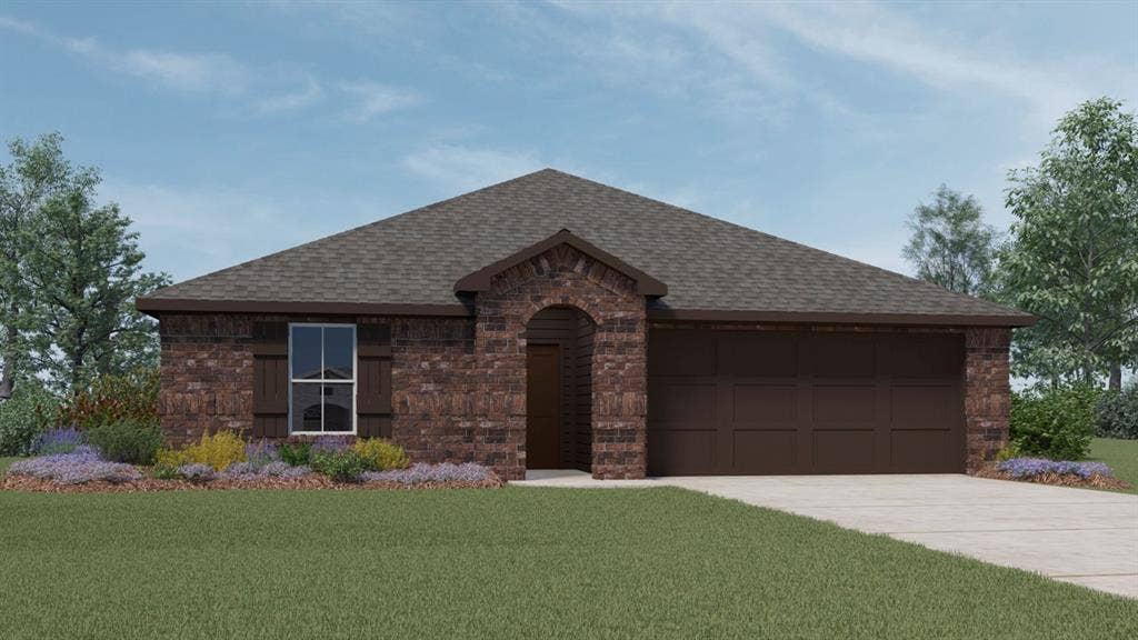 Brick exterior with a covered arched entryway, shingle roof, decorative shutters, and an attached two-car garage