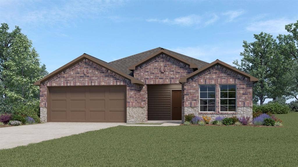 708 Rock Point Road, Josephine, TX 75135 Single-story exterior featuring multi-gabled brick and stone masonry, a two-car garage with paneled doors, and double-pane windows