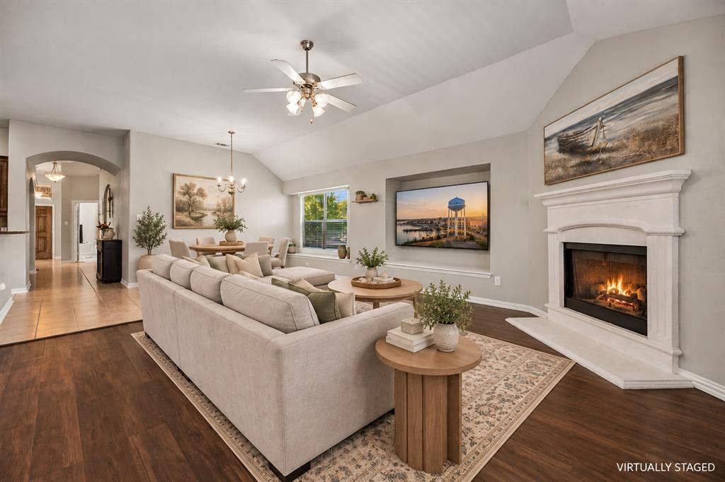 Cozy living room open to the kitchen and breakfast room.