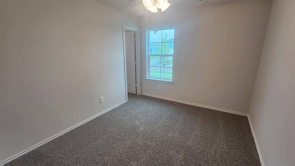 Neutral tone wall paint, textured carpeting, bright window, ceiling fan with light fixture, and white trim