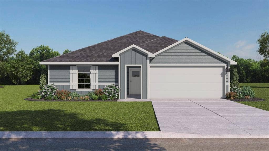 Single-story residence featuring grey horizontal lap and vertical board-and-batten siding, asphalt shingle roofing, decorative window shutters, and a two-car garage