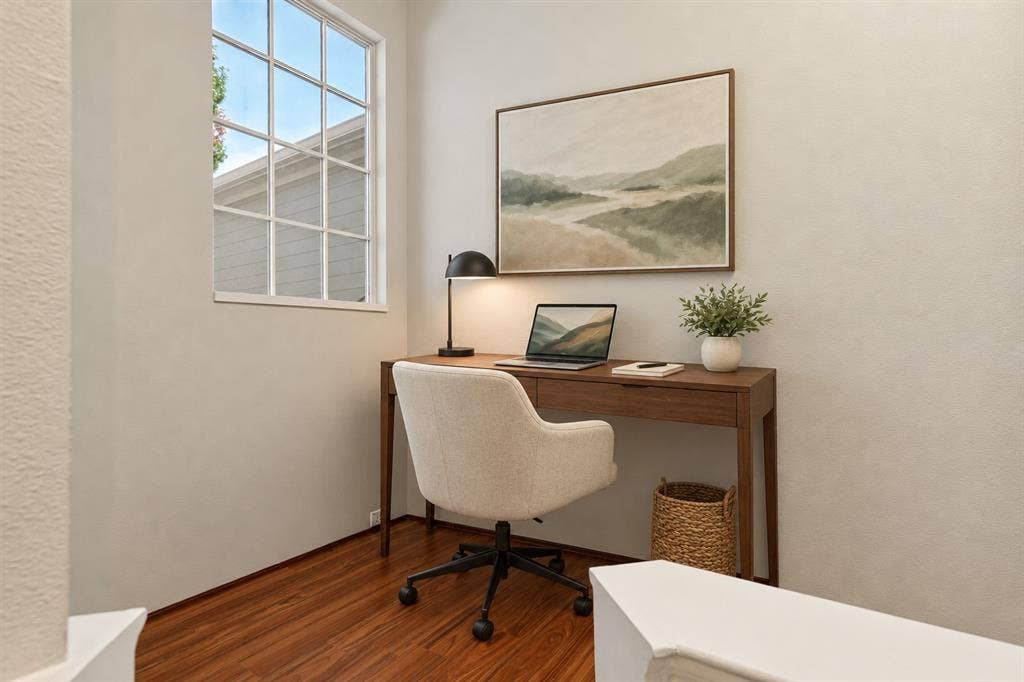 Multi-pane window and wood-finish flooring