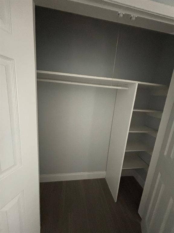 301 Rolston Road, #307-103, Irving, TX 75060 Reach-in closet featuring white built-in shelving, a full-width garment rod, and wood-finish flooring