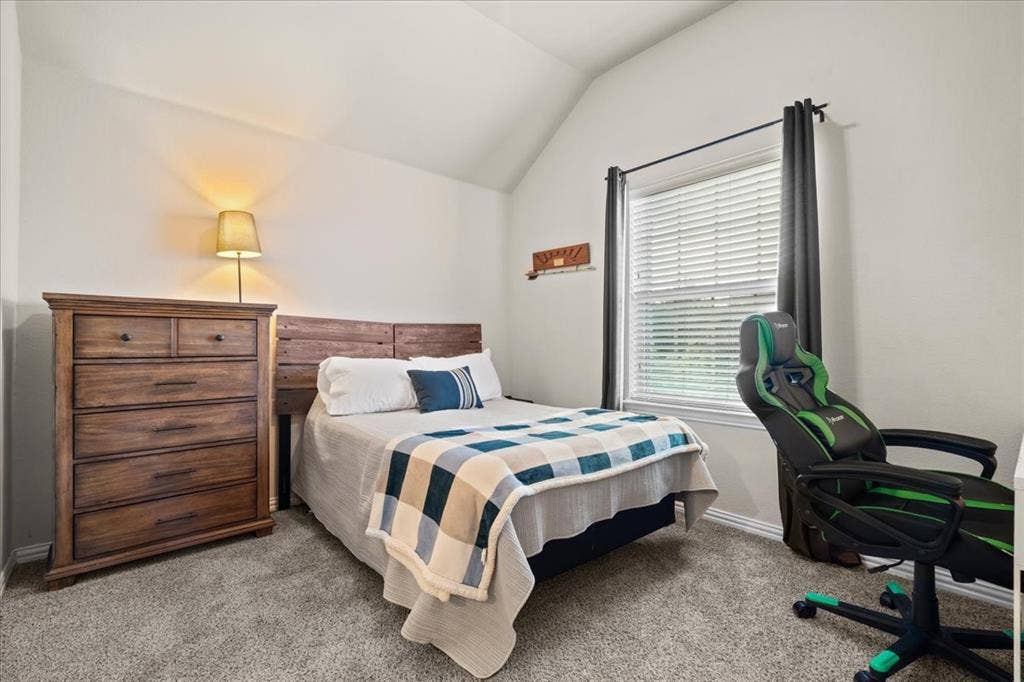 Vaulted ceiling, neutral wall tones, carpeted flooring, and a window with integrated blinds