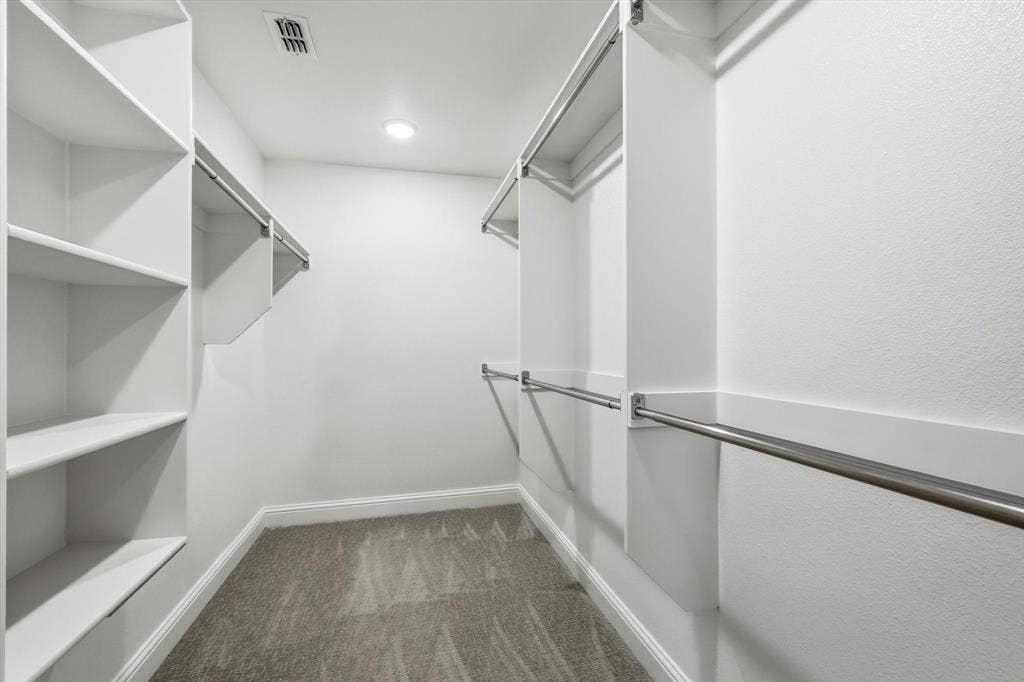 Walk-in closet featuring floor-to-ceiling built-in shelving, dual-tier metal garment rods, neutral wall-to-wall carpeting, and recessed ceiling lighting