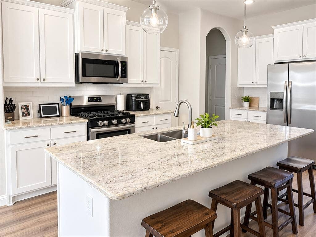 301 Delaford Drive, Forney, TX 75126 Bright kitchen with white cabinetry, stainless steel appliances, and a large island with bar seating under pendant lights.