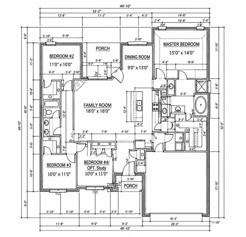 301 Delaford Drive, Forney, TX 75126 Floor plan showing the open family room, 4 bedrooms including an optional study, and a split primary suite.