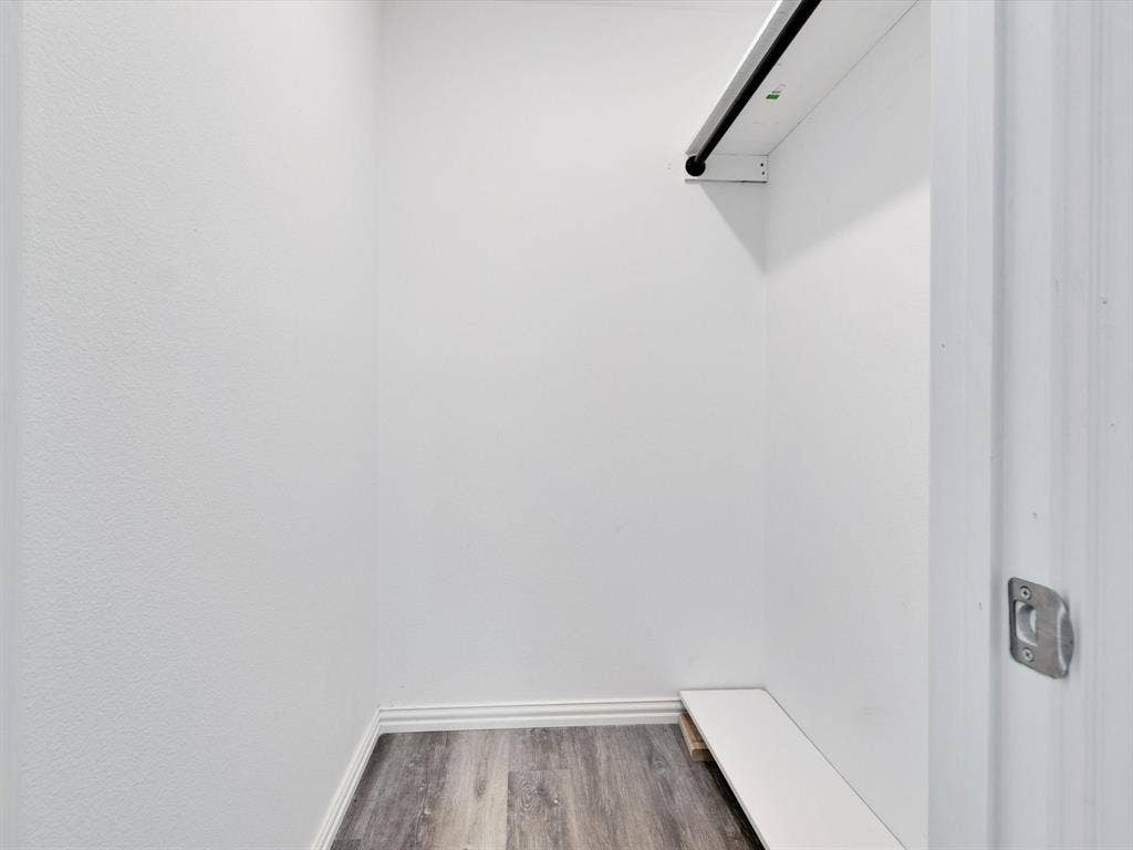 Storage space featuring wood-finish flooring, a built-in shelf, and a mounted hanging rod