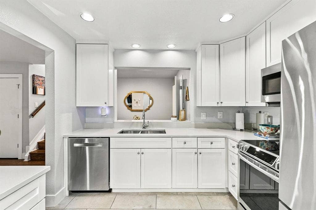 4777 Cedar Springs Road, #9K, Dallas, TX 75219 Kitchen featuring white shaker-style cabinetry, stainless steel appliances, solid-surface countertops, dual-basin under-mount sink, and recessed lighting