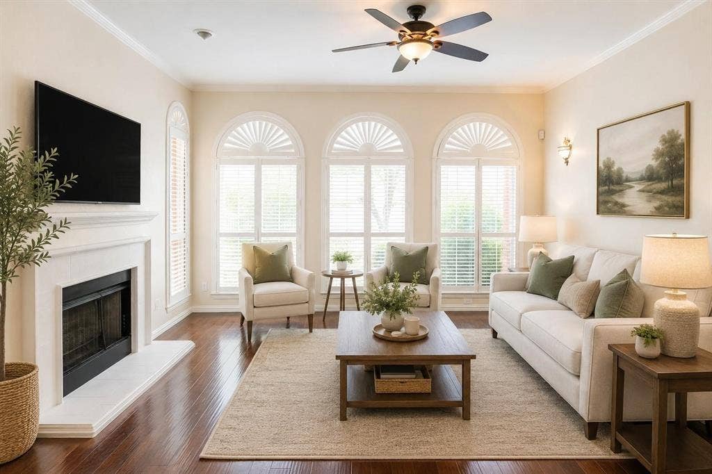 12004 Paducah Drive, Frisco, TX 75035 Bright, open living room with cozy fireplace, ceiling fan and soaring arched windows. Virtually staged.