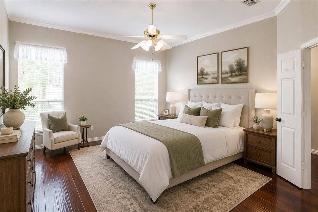 12004 Paducah Drive, Frisco, TX 75035 Serene bedroom retreat with wood floors, ceiling fan and plenty of natural light.