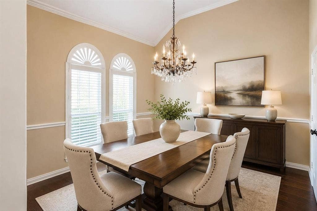 12004 Paducah Drive, Frisco, TX 75035 Elegant dining room with arched windows and statement chandelier - ready for dinner parties and holidays. Virtually staged.