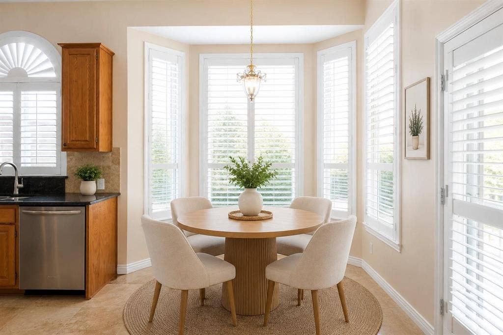 12004 Paducah Drive, Frisco, TX 75035 Sun-filled breakfast nook with bay windows - your new favorite spot for morning coffee. Virtually staged.