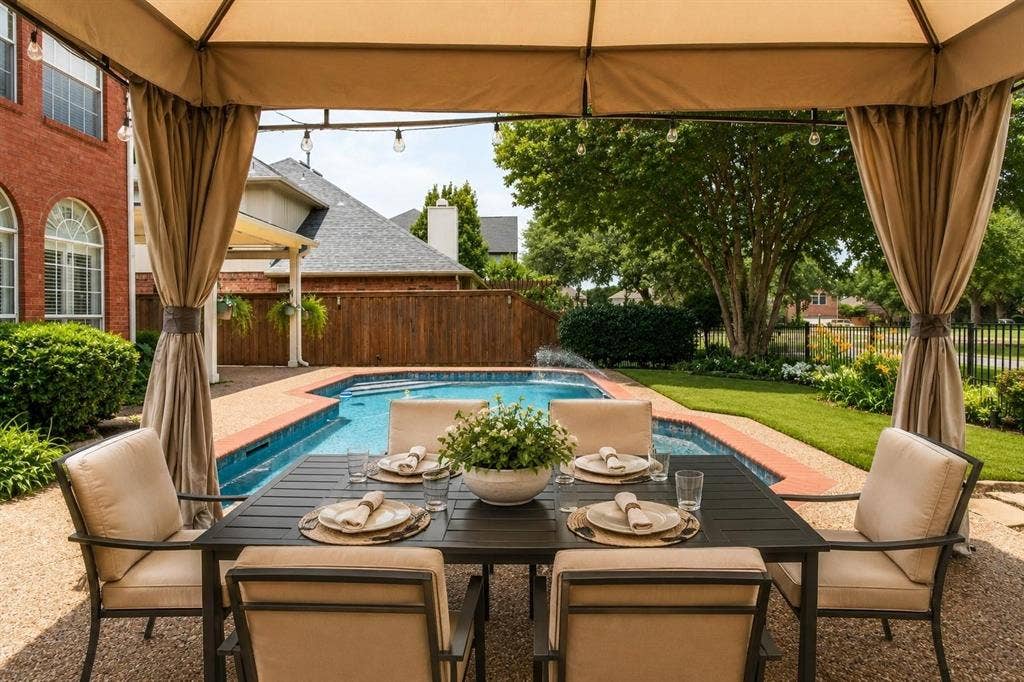 12004 Paducah Drive, Frisco, TX 75035 Poolside cabana with dining space - perfect for alfresco meals and weekend gatherings.