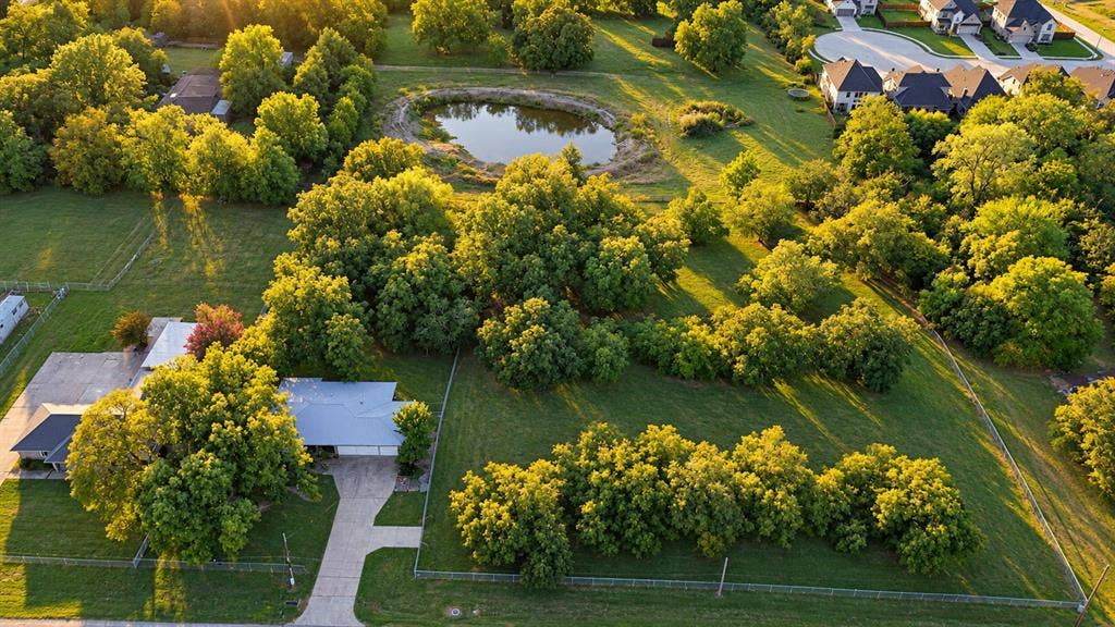 2415 Fannin Street, Greenville, TX 75401 Aerial view showcasing the pond, pecan trees, and surrounding acreage.