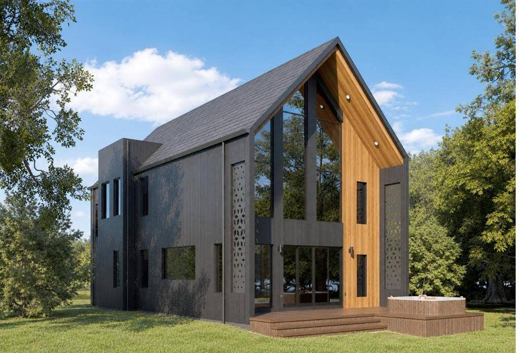 1721 Private Road 5312, McKinney, TX 75071 Modern architectural exterior featuring vertical wood-finish siding, floor-to-ceiling windows, decorative laser-cut metal panels, a stepped wood-finish deck, and a built-in exterior soaking tub