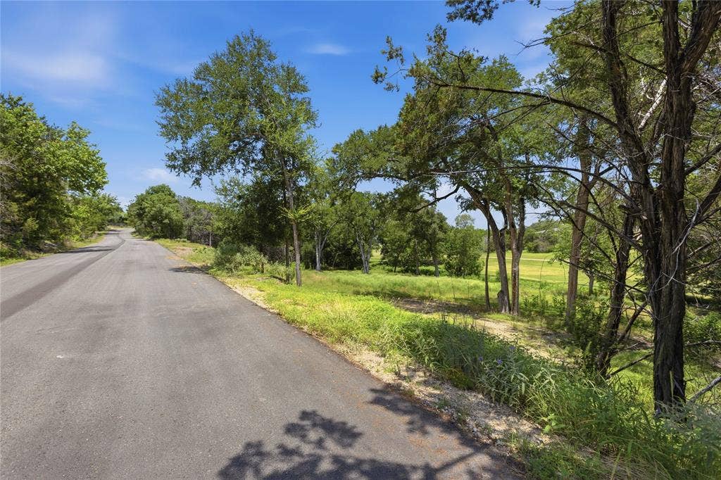 Paved road frontage featuring mature native trees, open grassy areas, and natural terrain
