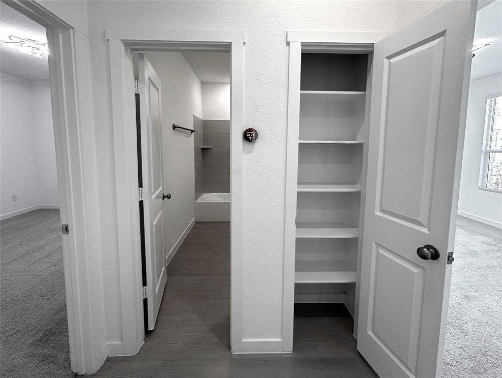 2504 Clyde Road, Celina, TX 75009 A linen closet is beside the second bathroom between two of the secondary bedrooms. It features built-in storage shelving, two-panel interior doors, and solid luxury vinyl plank flooring
