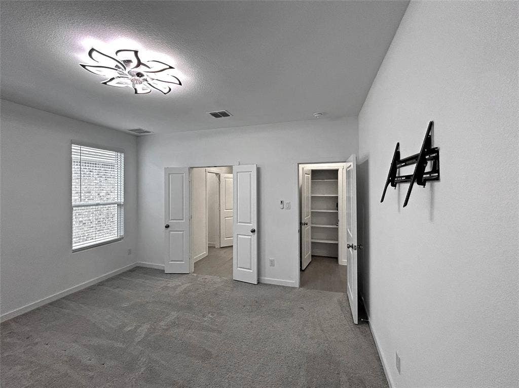 2504 Clyde Road, Celina, TX 75009 The primary bedroom features neutral carpet, a multi-paneled floral ceiling light fixture, a window with horizontal blinds, and a walk-in closet with built-in shelving