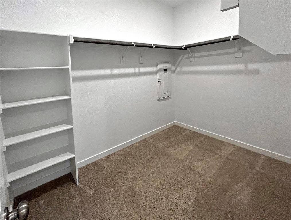 2504 Clyde Road, Celina, TX 75009 Walk-in storage space featuring built-in shelving, dual-tier hanging rods, and neutral carpeting