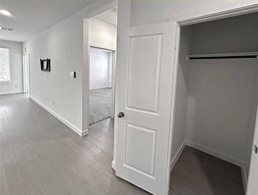 2504 Clyde Road, Celina, TX 75009 A hallway coat closet near the primary bedroom has luxury vinyl plank flooring, two-panel interior doors, and a closet with a built-in rod