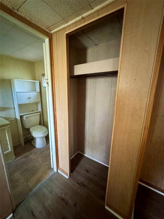 Interior space featuring wood-finish flooring, wood-paneled walls, and a recessed closet with an integrated shelf