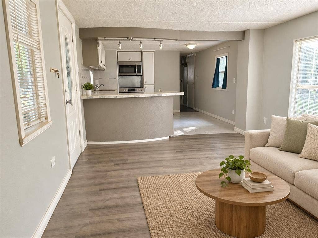 Open-concept interior featuring wood-finish flooring, a curved breakfast bar, stainless steel built-in microwave, track lighting, and multiple windows with blinds