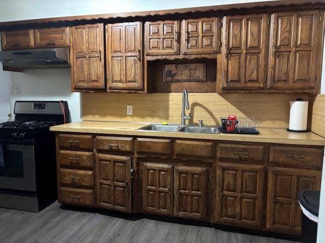 Kitchen featuring wood cabinetry with recessed panel detailing, a stainless steel dual-basin sink with a high-arch faucet, a laminate countertop, a stainless steel gas range, and wood-finish flooring