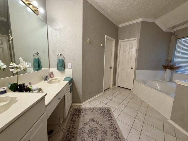 11159 Covey Lane, Frisco, TX 75035 Dual-sink vanity with a solid-surface countertop, full-width wall mirror, tile flooring, and a built-in soaking tub