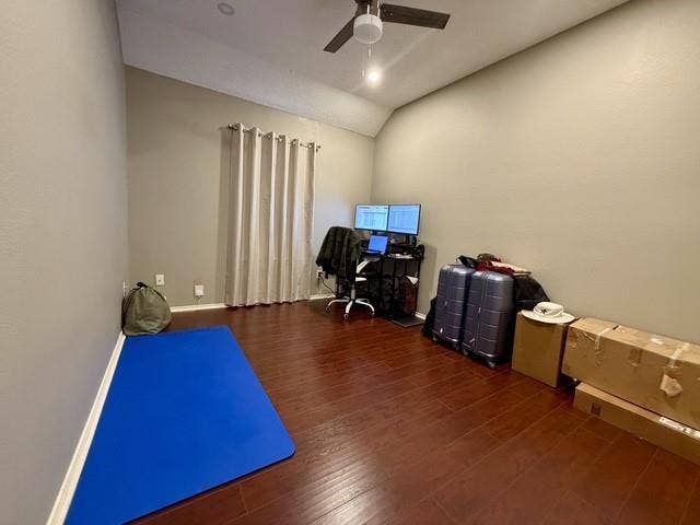 11159 Covey Lane, Frisco, TX 75035 Vaulted ceilings, wood-finish flooring, and a ceiling fan with integrated lighting