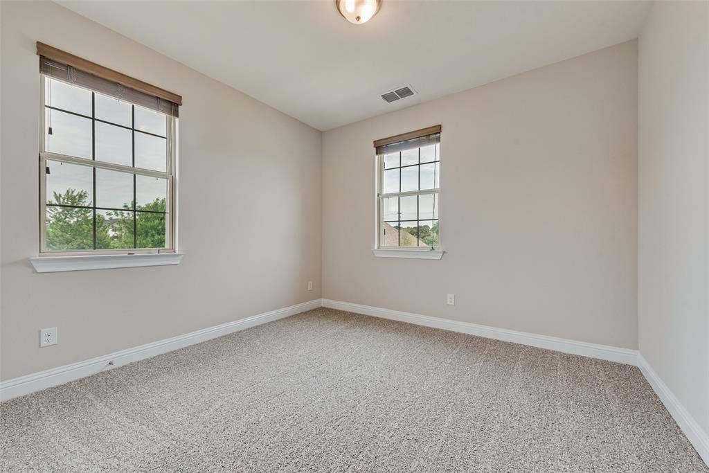 9829 Sharps Drive, Frisco, TX 75035 Neutral-toned interior room featuring wall-to-wall carpeting, dual windows with multi-pane grids, and a flush-mount ceiling light fixture