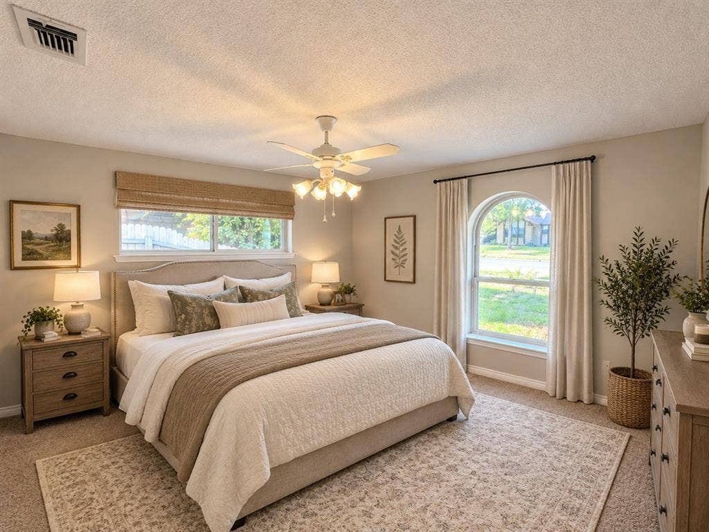 Neutral-toned room featuring a central ceiling fan with integrated lighting, a large arched window, and a horizontal window with woven shade
