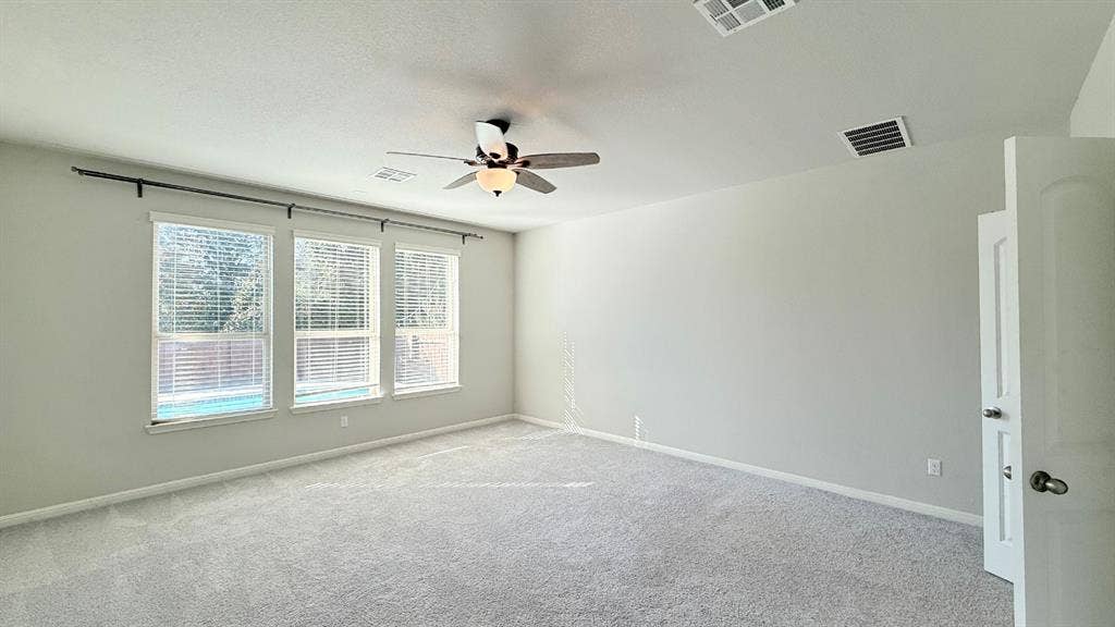 2937 Mossy Springs Drive, Leander, TX 78641 Spacious room featuring neutral carpeting, triple-window configuration with blinds, integrated ceiling fan with light fixture, and arched interior door