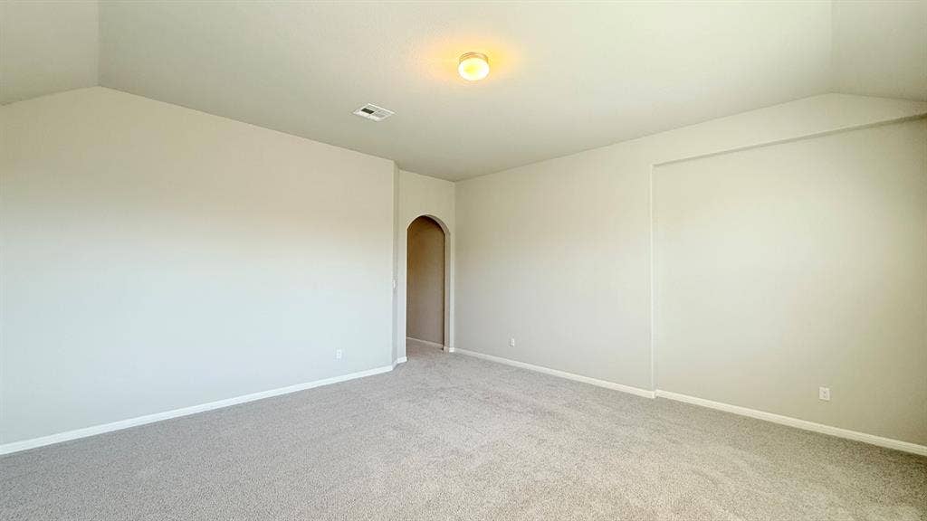 2937 Mossy Springs Drive, Leander, TX 78641 Vaulted ceiling, neutral wall tones, wall-to-wall carpeting, and an arched entryway