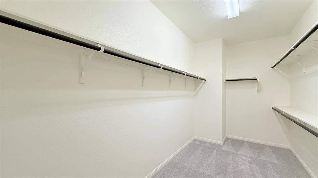 2937 Mossy Springs Drive, Leander, TX 78641 Walk-in storage space featuring neutral carpeting, white walls, tiered shelving, and mounted garment rods