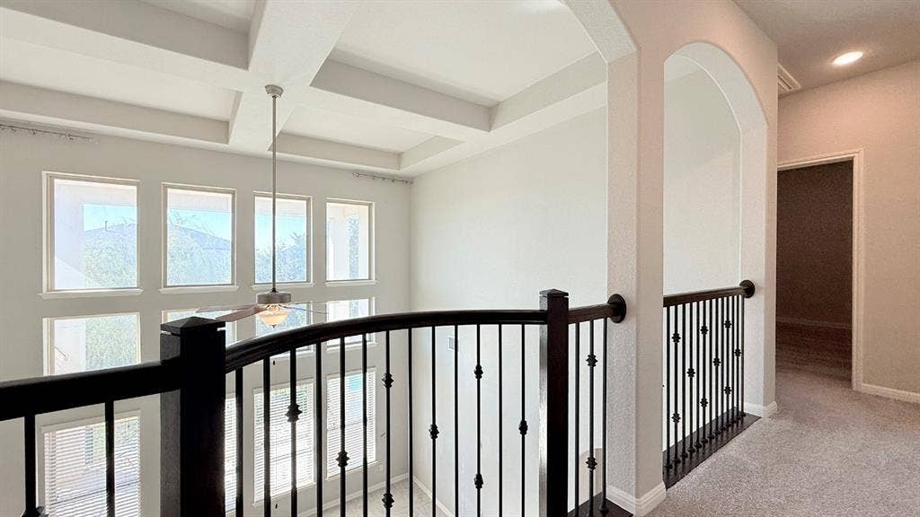 2937 Mossy Springs Drive, Leander, TX 78641 Coffered ceiling, multi-pane windows, and black metal balustrade featuring decorative detailing